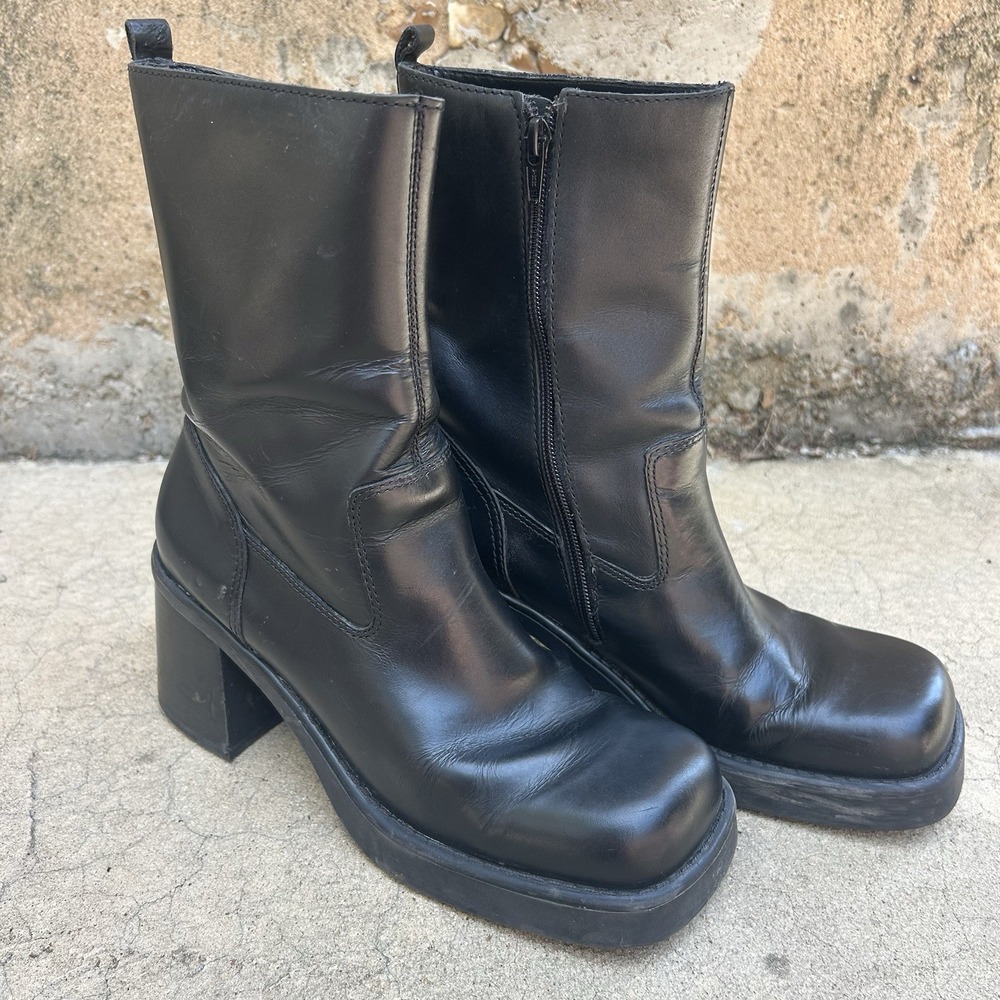 MIA Leather Platform Boots Women 9 Black Good Vintage Y2K Chunky Block Heel